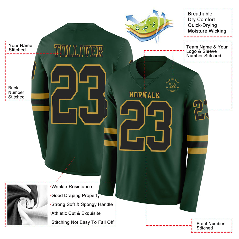 Custom Green Black-Old Gold Long Sleeve Authentic Football Jersey