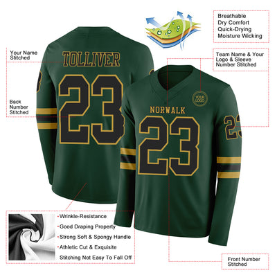 Custom Green Black-Old Gold Long Sleeve Authentic Football Jersey
