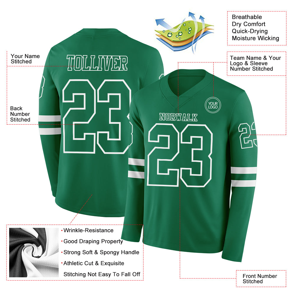 Custom Kelly Green White Long Sleeve Authentic Football Jersey