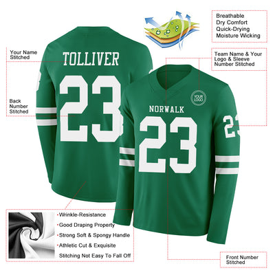 Custom Kelly Green White Long Sleeve Authentic Football Jersey