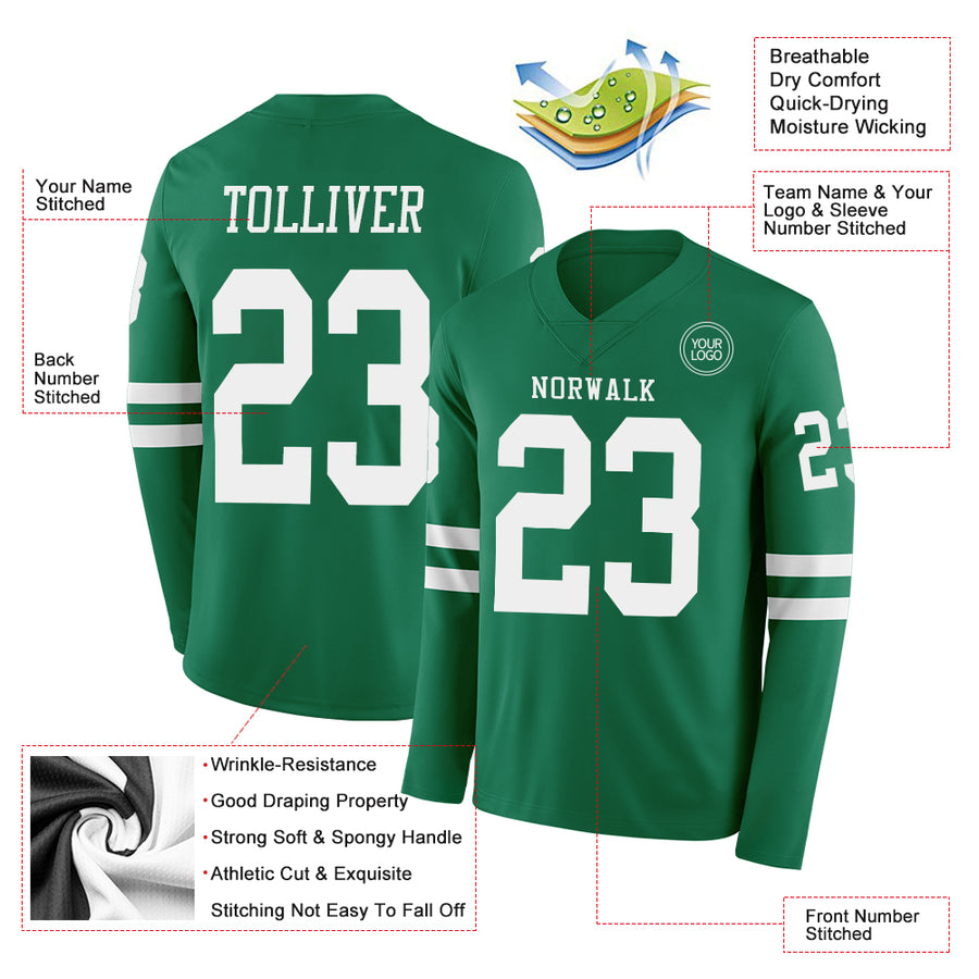 Custom Kelly Green White Long Sleeve Authentic Football Jersey