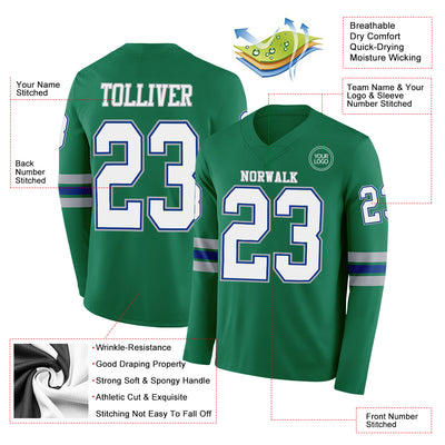 Custom Kelly Green White Royal-Gray Long Sleeve Authentic Football Jersey