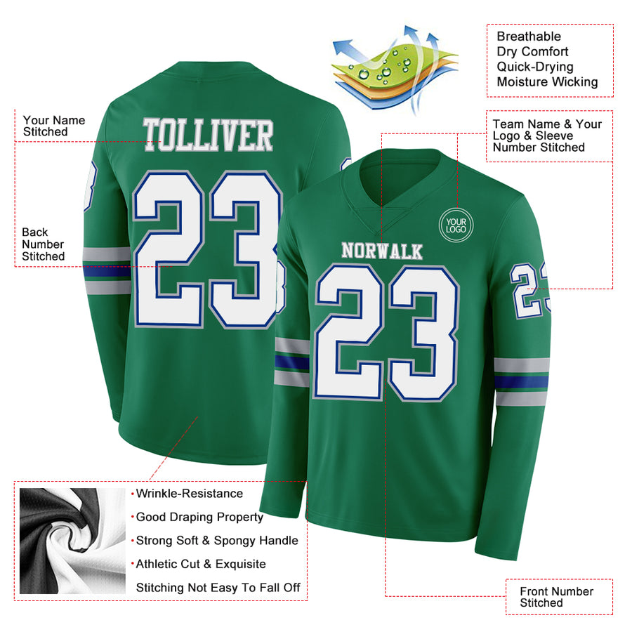 Custom Kelly Green White Royal-Gray Long Sleeve Authentic Football Jersey