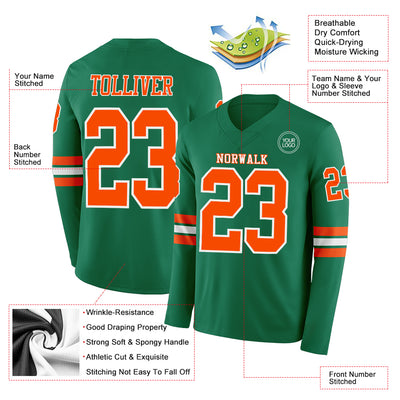 Custom Kelly Green Orange-White Long Sleeve Authentic Football Jersey