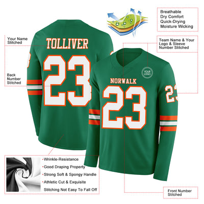 Custom Kelly Green White-Orange Long Sleeve Authentic Football Jersey