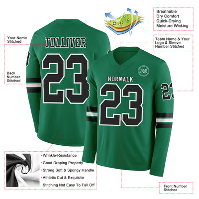 Custom Kelly Green Black-White Long Sleeve Authentic Football Jersey