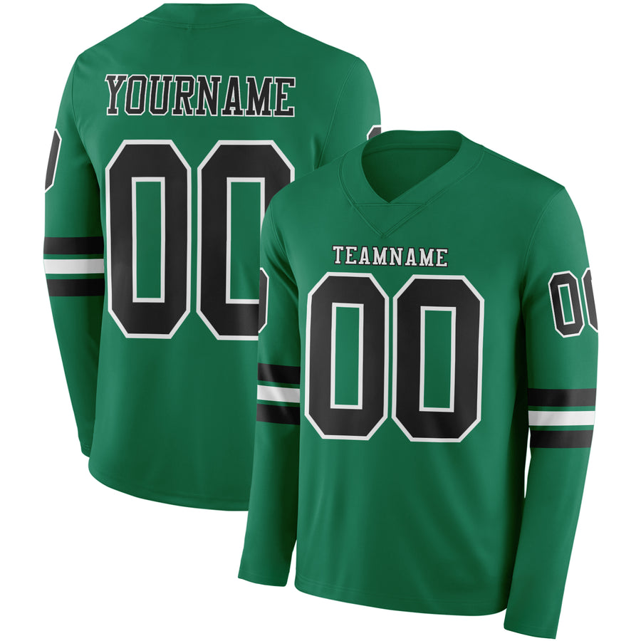 Custom Kelly Green Black-White Long Sleeve Authentic Football Jersey