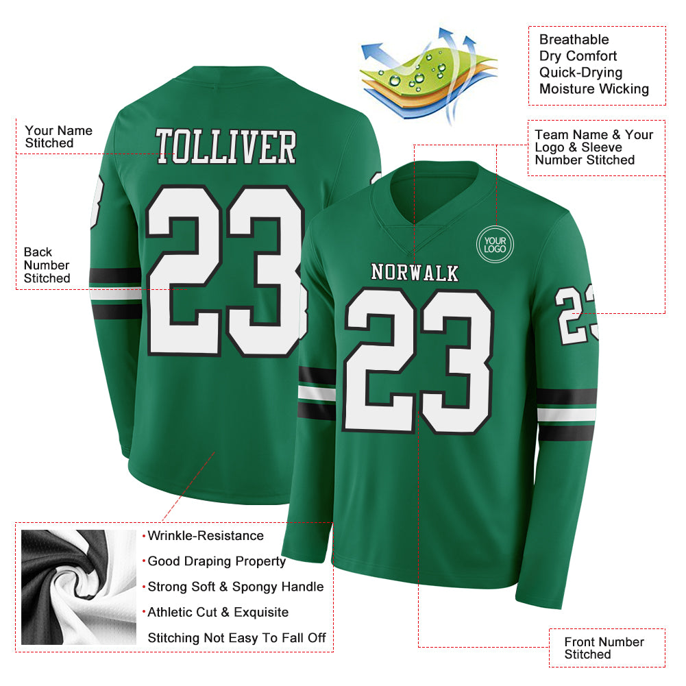 Custom Kelly Green White-Black Long Sleeve Authentic Football Jersey