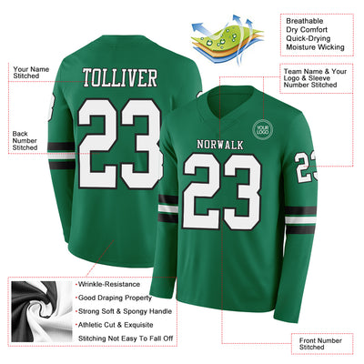 Custom Kelly Green White-Black Long Sleeve Authentic Football Jersey
