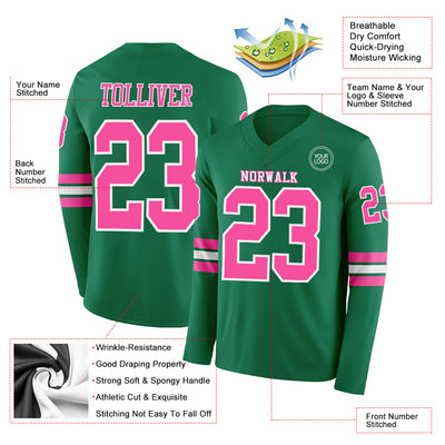 Custom Kelly Green Pink-White Long Sleeve Authentic Football Jersey