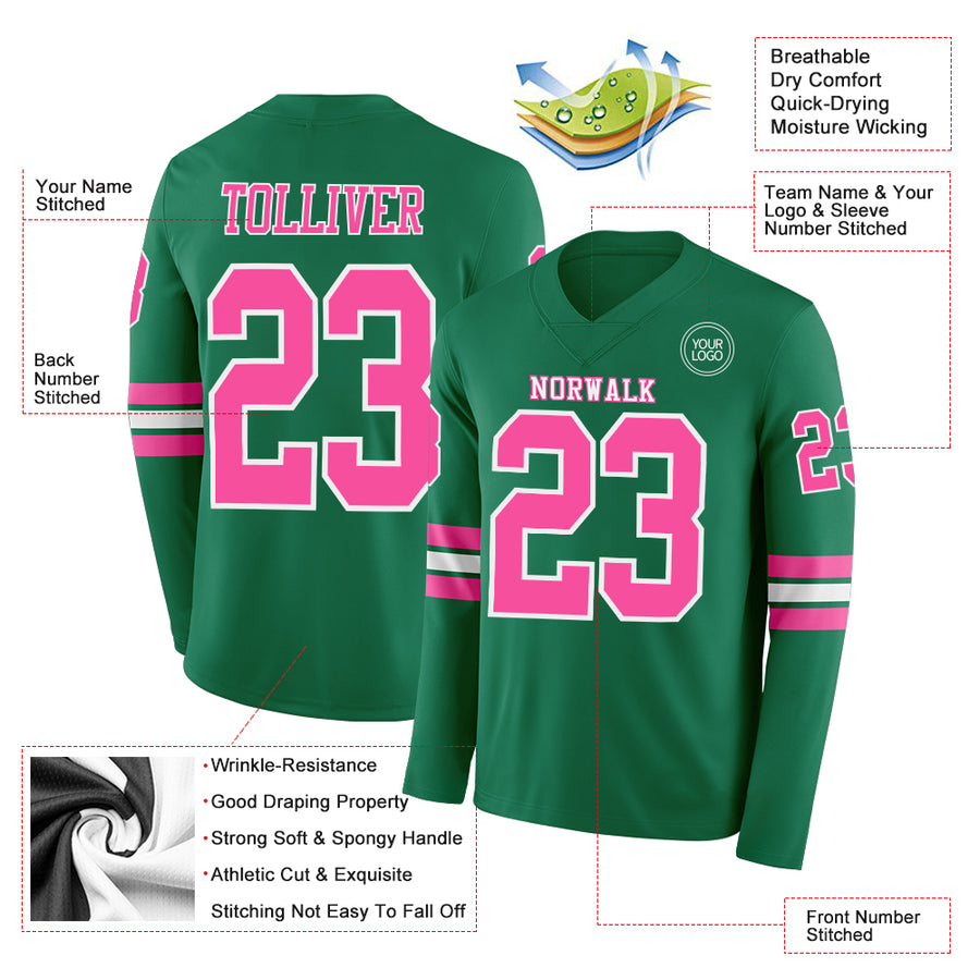 Custom Kelly Green Pink-White Long Sleeve Authentic Football Jersey