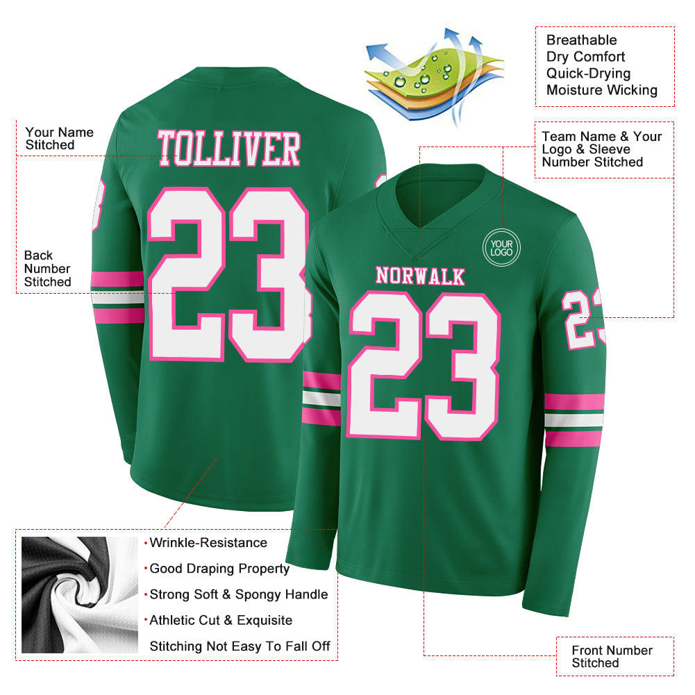 Custom Kelly Green White-Pink Long Sleeve Authentic Football Jersey