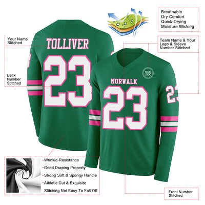 Custom Kelly Green White-Pink Long Sleeve Authentic Football Jersey