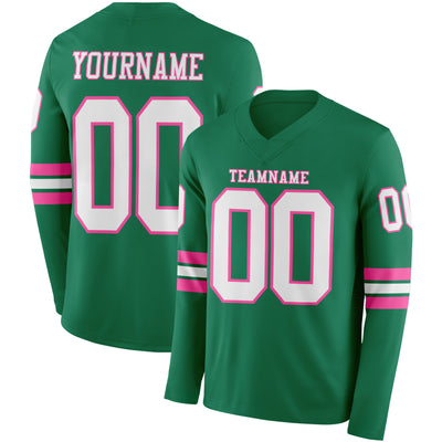Custom Kelly Green White-Pink Long Sleeve Authentic Football Jersey