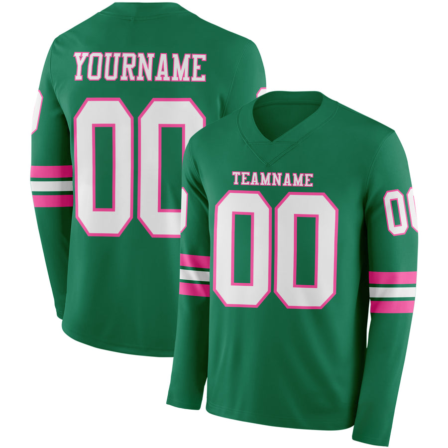 Custom Kelly Green White-Pink Long Sleeve Authentic Football Jersey
