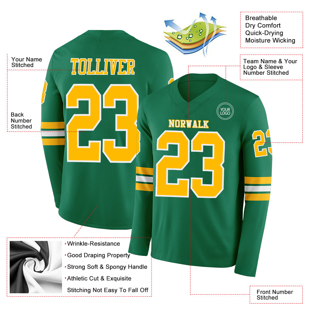 Custom Kelly Green Gold-White Long Sleeve Authentic Football Jersey