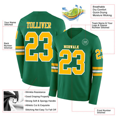 Custom Kelly Green Gold-White Long Sleeve Authentic Football Jersey
