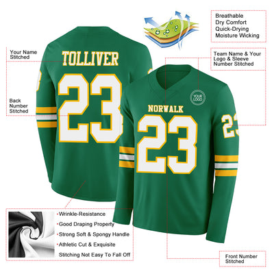 Custom Kelly Green White-Gold Long Sleeve Authentic Football Jersey