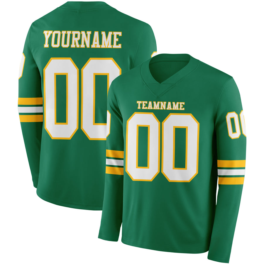 Custom Kelly Green White-Gold Long Sleeve Authentic Football Jersey
