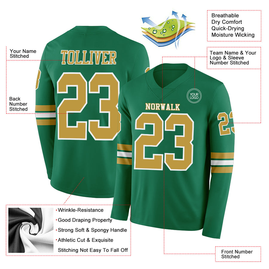 Custom Kelly Green Old Gold-White Long Sleeve Authentic Football Jersey