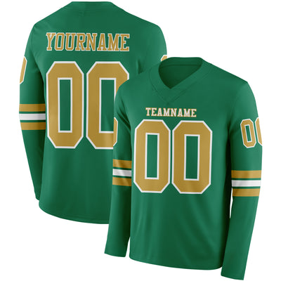 Custom Kelly Green Old Gold-White Long Sleeve Authentic Football Jersey