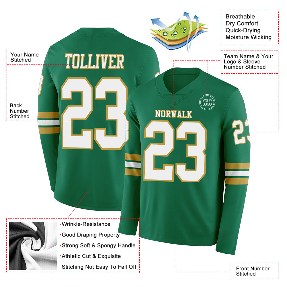 Custom Kelly Green White-Old Gold Long Sleeve Authentic Football Jersey