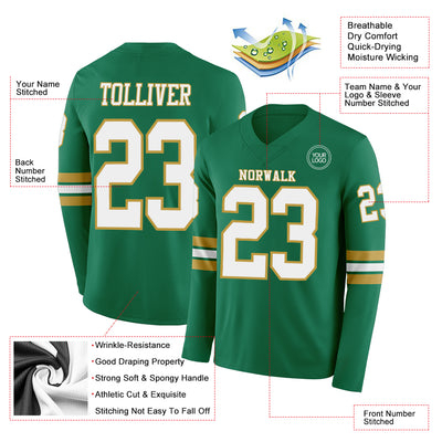 Custom Kelly Green White-Old Gold Long Sleeve Authentic Football Jersey