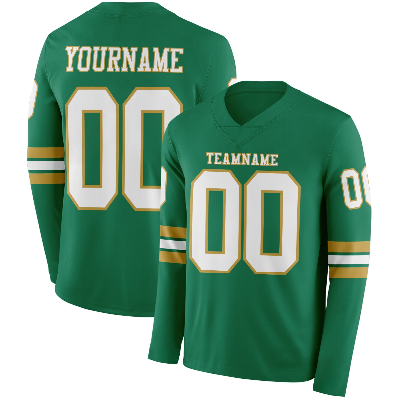 Custom Kelly Green White-Old Gold Long Sleeve Authentic Football Jersey