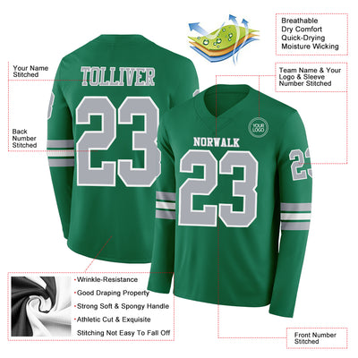 Custom Kelly Green Gray-White Long Sleeve Authentic Football Jersey