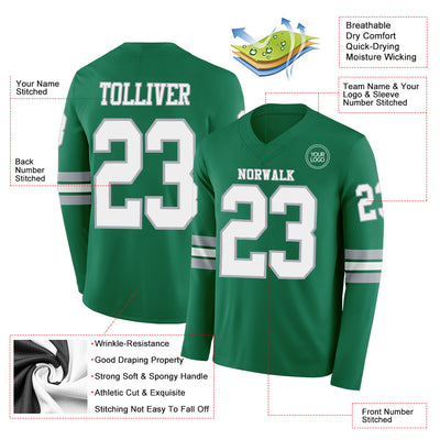 Custom Kelly Green White-Gray Long Sleeve Authentic Football Jersey