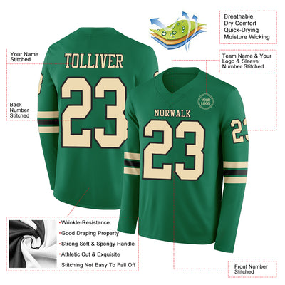 Custom Kelly Green Cream-Black Long Sleeve Authentic Football Jersey