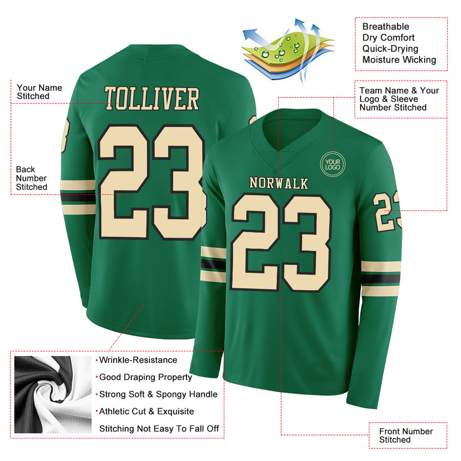 Custom Kelly Green Cream-Black Long Sleeve Authentic Football Jersey