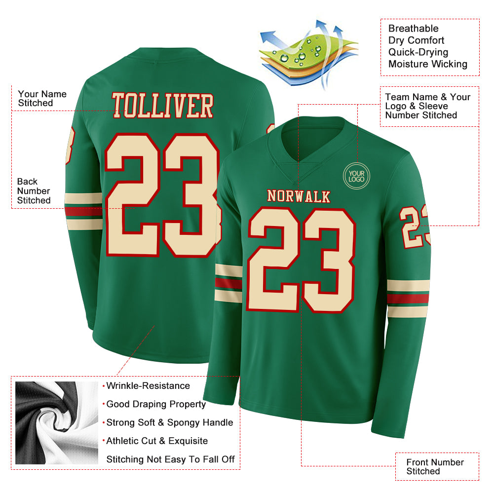 Custom Kelly Green Cream-Red Long Sleeve Authentic Football Jersey