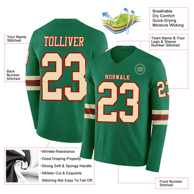 Custom Kelly Green Cream-Red Long Sleeve Authentic Football Jersey