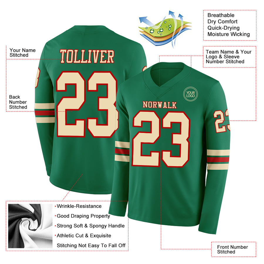 Custom Kelly Green Cream-Red Long Sleeve Authentic Football Jersey