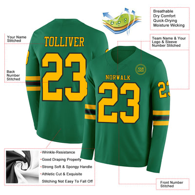 Custom Kelly Green Gold-Black Long Sleeve Authentic Football Jersey