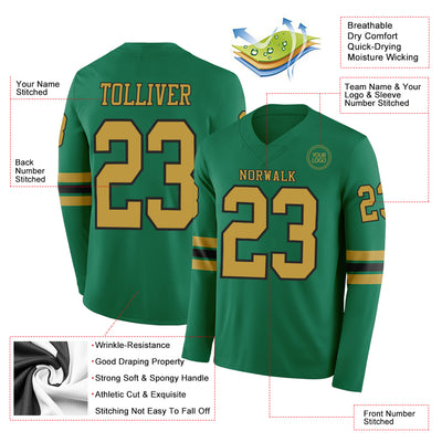 Custom Kelly Green Old Gold-Black Long Sleeve Authentic Football Jersey