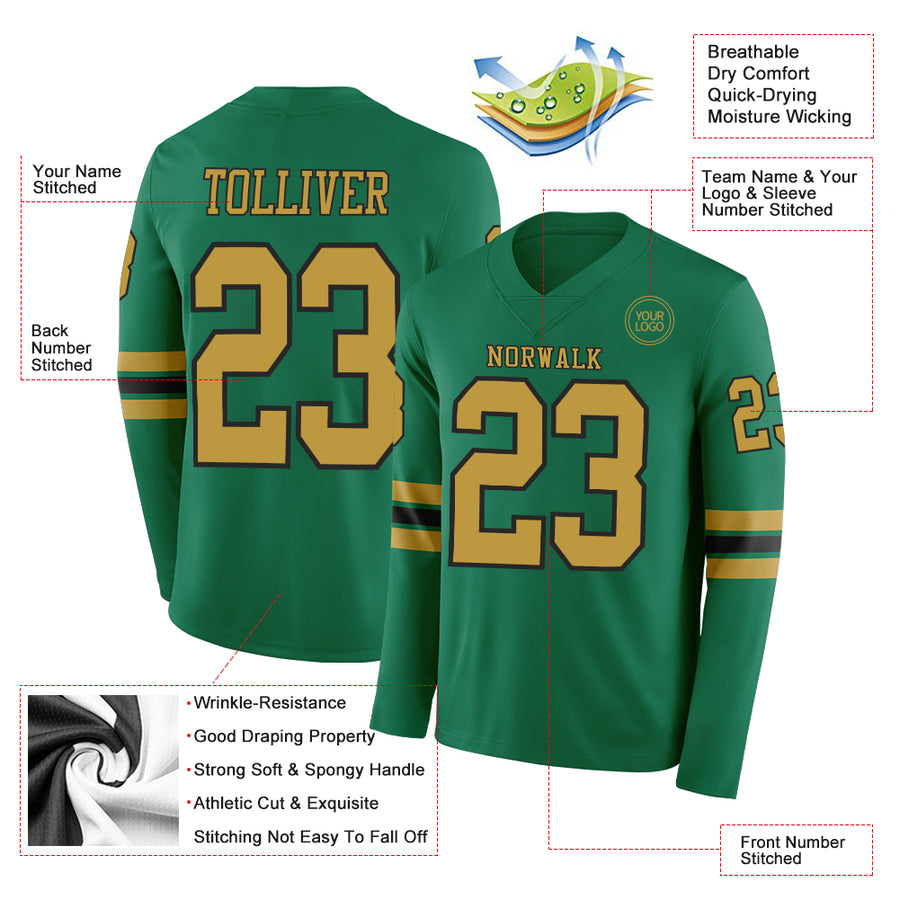 Custom Kelly Green Old Gold-Black Long Sleeve Authentic Football Jersey
