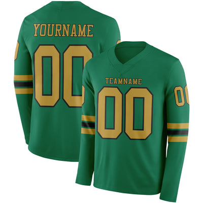 Custom Kelly Green Old Gold-Black Long Sleeve Authentic Football Jersey