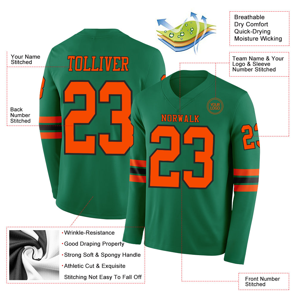 Custom Kelly Green Orange-Black Long Sleeve Authentic Football Jersey
