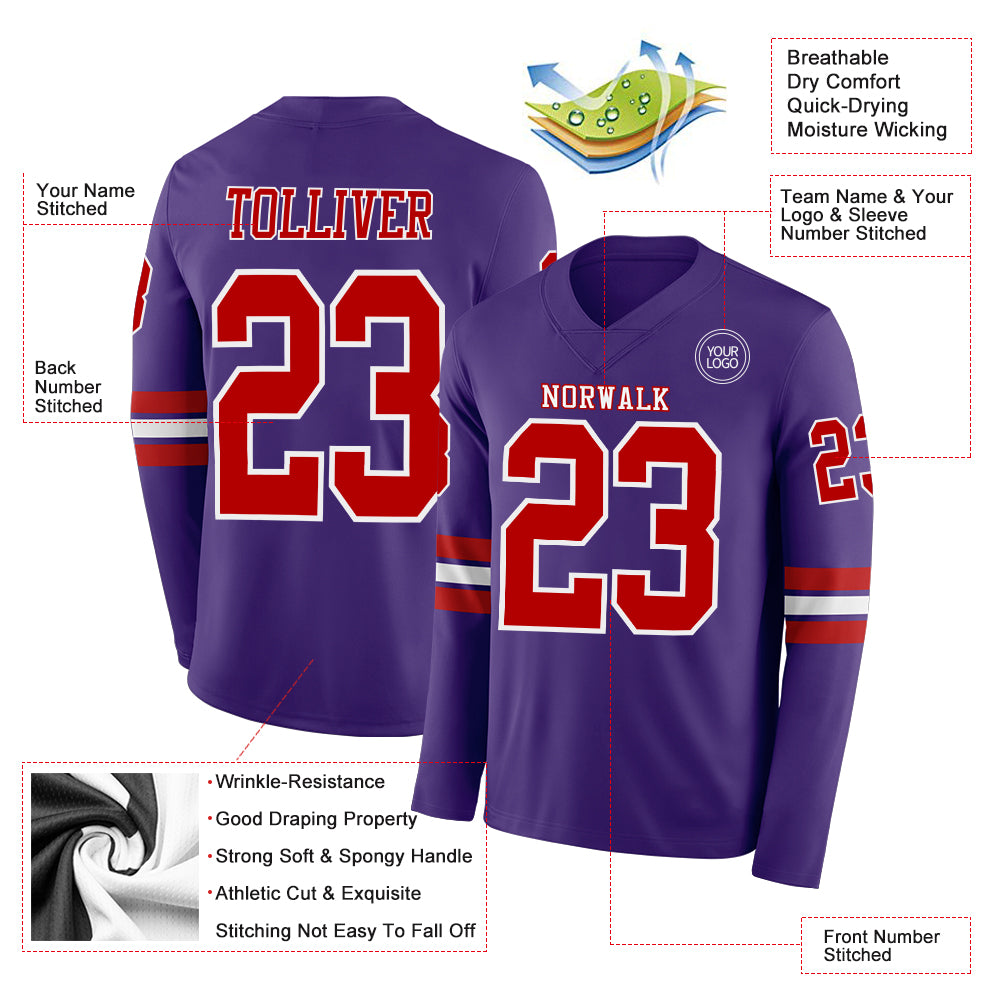 Custom Purple Red-White Long Sleeve Authentic Football Jersey