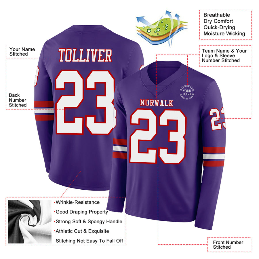 Custom Purple White-Red Long Sleeve Authentic Football Jersey