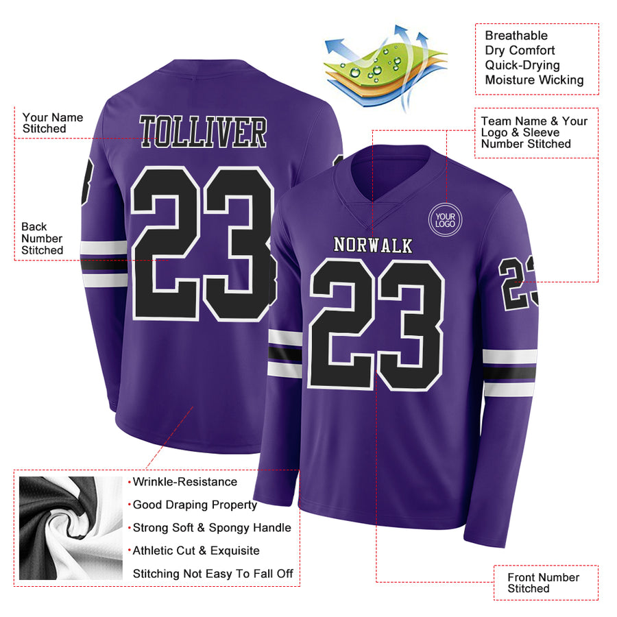 Custom Purple Black-White Long Sleeve Authentic Football Jersey