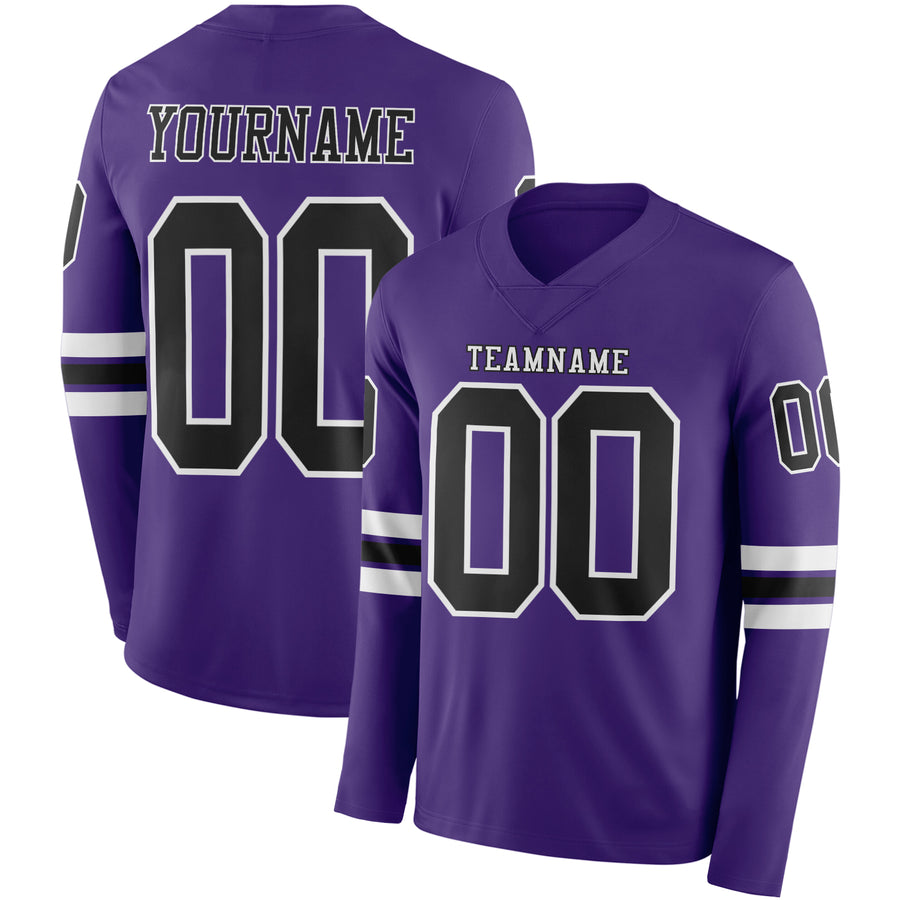 Custom Purple Black-White Long Sleeve Authentic Football Jersey