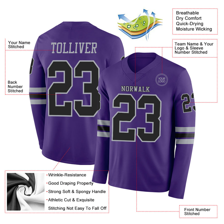 Custom Purple Black-Gray Long Sleeve Authentic Football Jersey