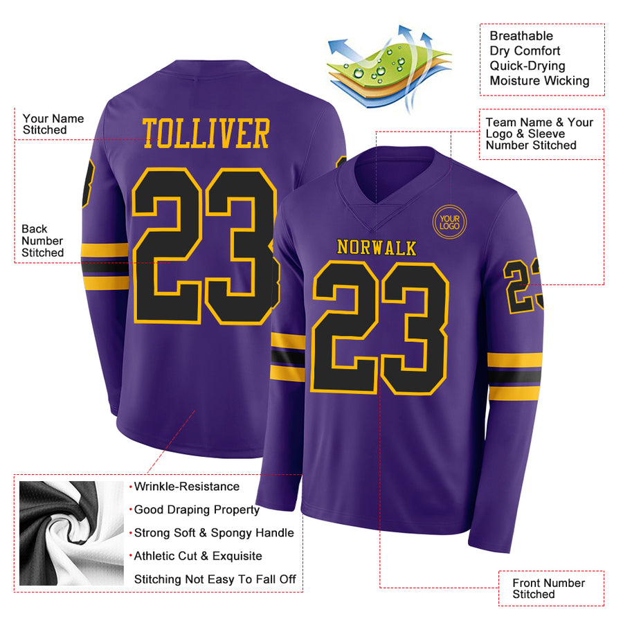Custom Purple Black-Gold Long Sleeve Authentic Football Jersey