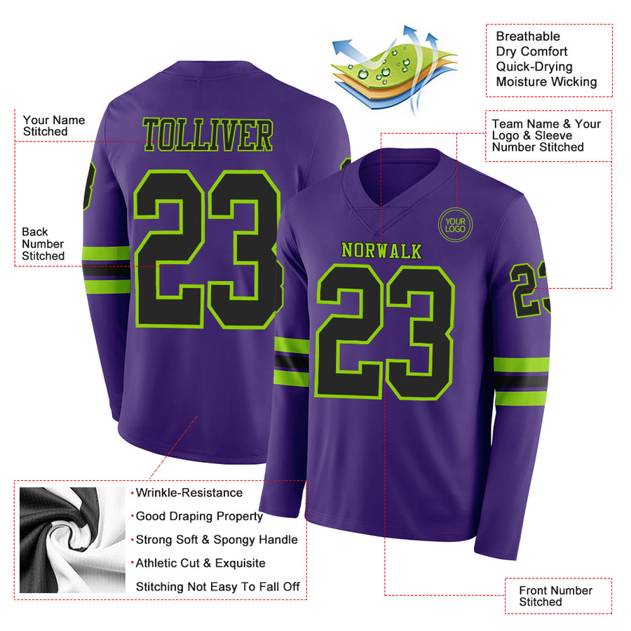Custom Purple Black-Neon Green Long Sleeve Authentic Football Jersey