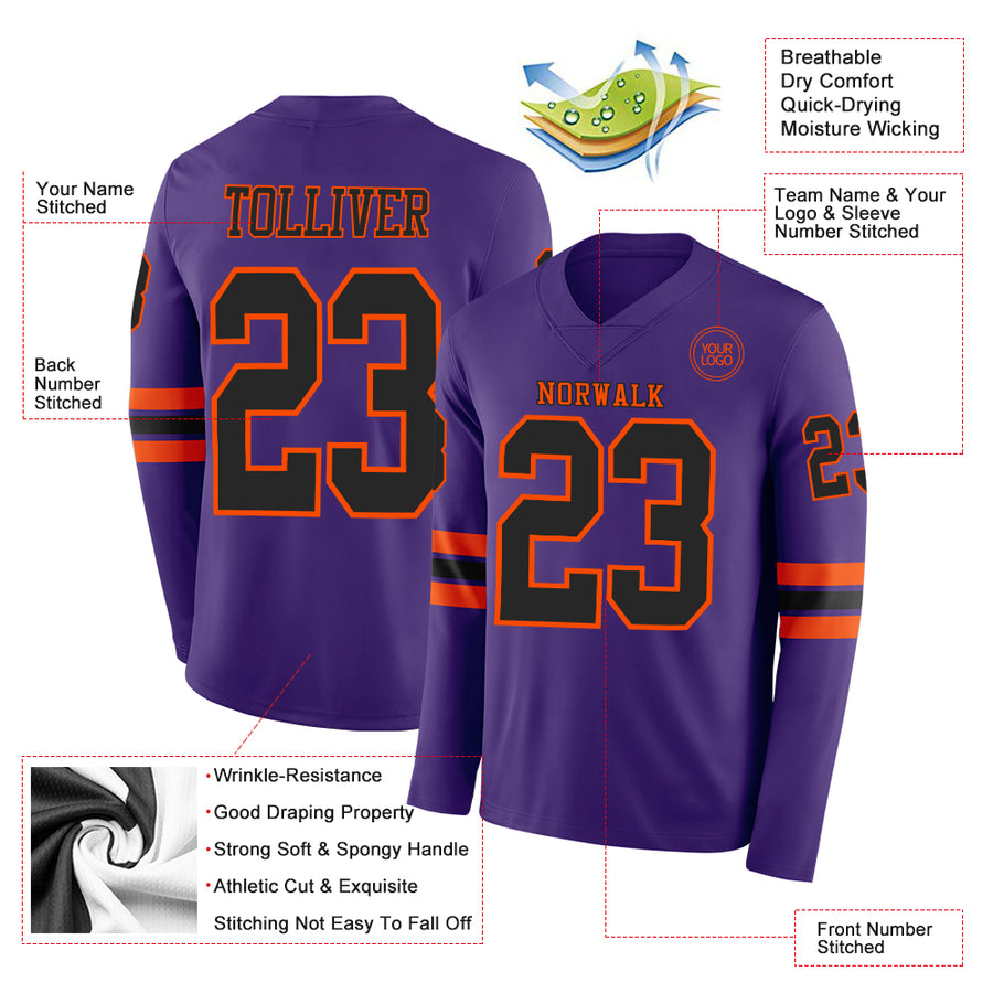 Custom Purple Black-Orange Long Sleeve Authentic Football Jersey