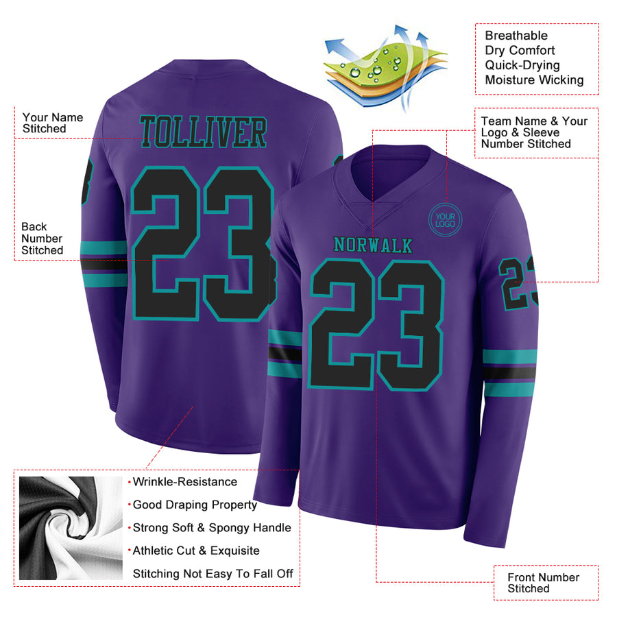 Custom Purple Black-Teal Long Sleeve Authentic Football Jersey