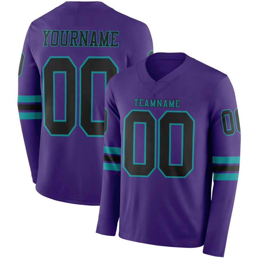Custom Purple Black-Teal Long Sleeve Authentic Football Jersey